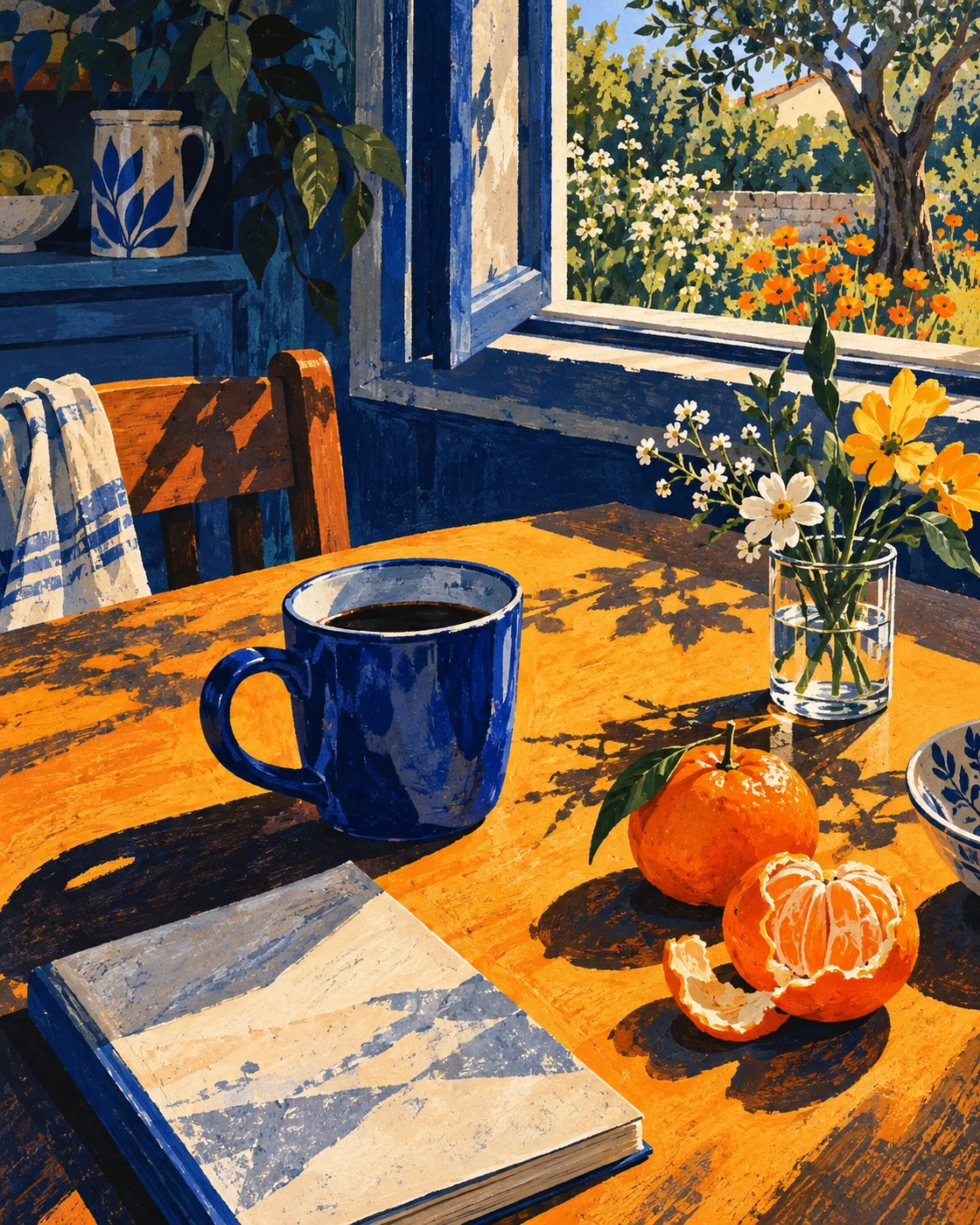 A vivid painted breakfast table with a blue coffee cup, clementines, flowers, and sunlight from an open window.