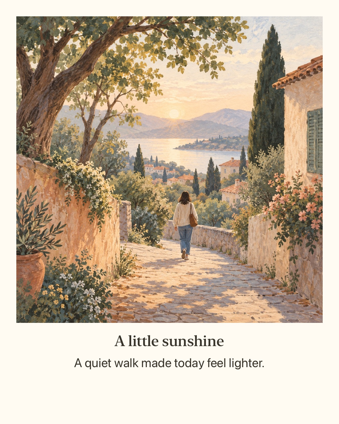 Example post: a painted sunlit walk beside a lake. Beneath the artwork, the title A little sunshine and caption A quiet walk made today feel lighter are part of the same image.